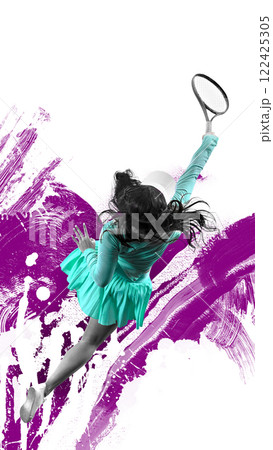 Modern art design. Female tennis player in sportswear leaping with racket executing powerful shot against expressive purple paint splash background. Modern art design. Female tennis player in sportswear leaping with racket executing powerful shot against expressive purple paint splash background. 122425305