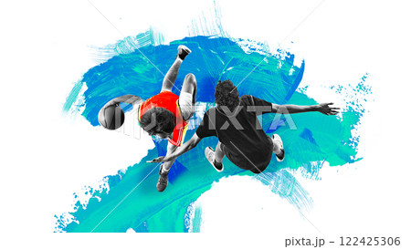 Contemporary art collage. Basketball players in action, one attempting fast break, another defending against vibrant blue brushstroke background. 122425306