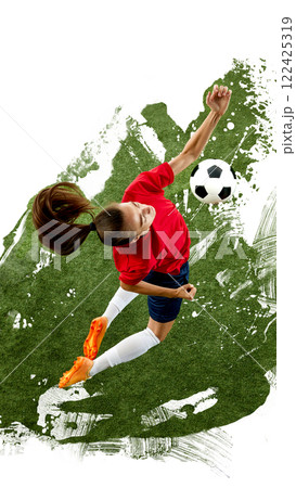 Contemporary art collage. Female soccer player wearing sportswear, executing powerful header, airborne,against energetic green brushstroke background. Contemporary art collage. Female soccer player wearing sportswear, executing powerful header, airborne,against energetic green brushstroke background. 122425319