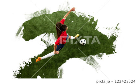 Modern art collage. Female soccer player kicking ball with extended leg against textured green paint splash background. 122425324