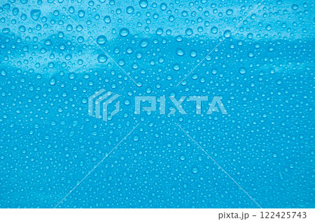 Top view of water droplets with light blue color background suitable for wallpaper 122425743