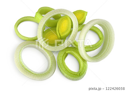 sliced Leek vegetable isolated on white background. Top view. Flat lay sliced Leek vegetable isolated on white background. Top view. Flat lay 122426038