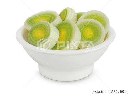 sliced Leek vegetable in ceramic bowl isolated on white background with full depth of field sliced Leek vegetable in ceramic bowl isolated on white background with full depth of field 122426039