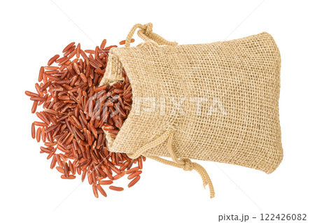red rice in a bag isolated on white background. Top view. Flat lay red rice in a bag isolated on white background. Top view. Flat lay 122426082