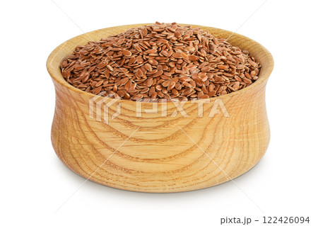flaxseed in wooden bowl isolated on white background. Top view. Flat lay flaxseed in wooden bowl isolated on white background. Top view. Flat lay 122426094
