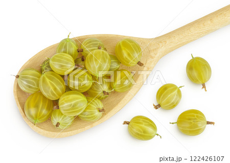 Green gooseberry in wooden spoon isolated on white background with full depth of field Green gooseberry in wooden spoon isolated on white background with full depth of field 122426107