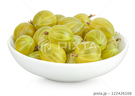 Green gooseberry in ceramic bowl isolated on white background with full depth of field 122426108