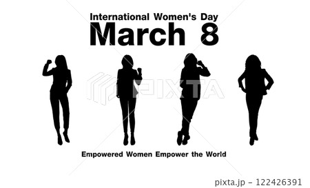 A symbolic vector illustration celebrating International Women's Day. Featuring diverse female silhouettes, representing empowerment, unity, and progress in society 122426391
