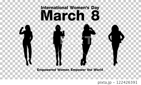 A symbolic vector illustration celebrating International Women's Day. Featuring diverse female silhouettes, representing empowerment, unity, and progress in society 122426391