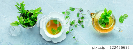 Mint tea panorama. A cup of peppermint tea with fresh mint leaves Mint tea panorama. A cup of peppermint tea with fresh mint leaves 122426652