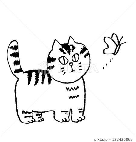 蝶を狙う猫の手書きイラスト 122426869