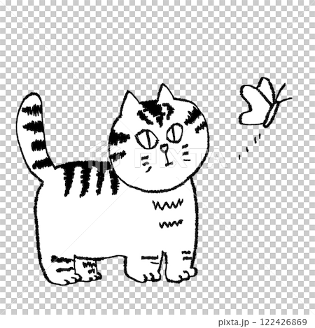 蝶を狙う猫の手書きイラスト 122426869