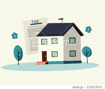 Illustration of a house with tax documents and dollar signs, representing property tax, real estate investment, and financial obligations. 122427012