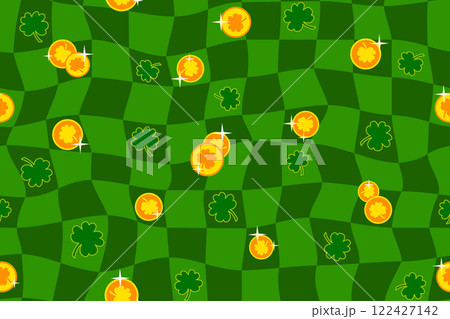 St. Patrick Day seamless pattern with shamrock, gold coins on geometric groovy checkered background. Vector illustration 122427142