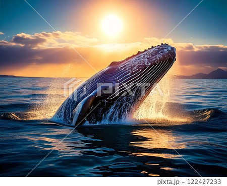 海で泳ぐ野生の大きなクジラ 122427233