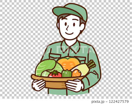Man in work clothes _ holding vegetables _ green 122427579