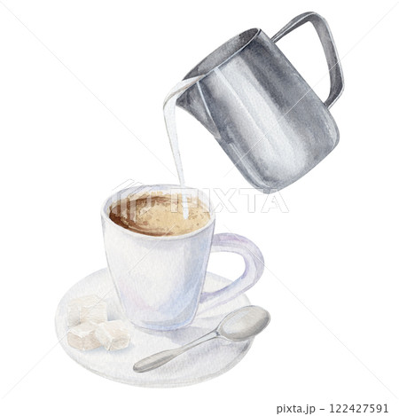 Watercolor with espresso coffee on a saucer with a coffee spoon and three pieces of refined sugar with added milk 122427591
