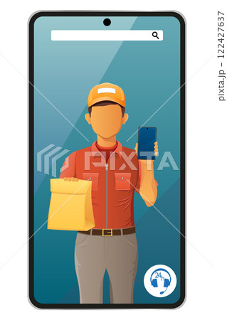 delivery man by phone courier service vector illustration 122427637