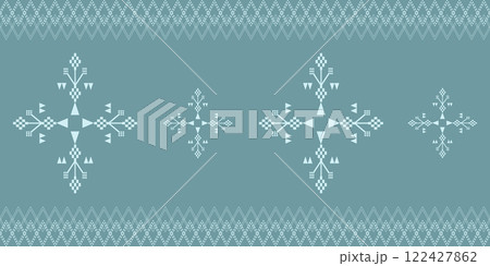 Repeating geometric tribal pattern,ethnic border embroidery, diamonds motifs on teal background. Suitable for textile prints, backgrounds, wallpaper,neckline design ,home decoration Repeating geometric tribal pattern,ethnic border embroidery, diamonds motifs on teal background. Suitable for textile prints, backgrounds, wallpaper,neckline design ,home decoration 122427862