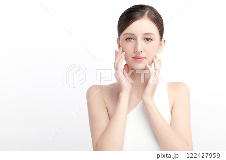 Beautiful young woman with clean fresh skin on white background, Face care, Facial treatment, Cosmetology, beauty and spa, women portrait. 122427959