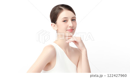 Beautiful young woman with clean fresh skin on white background, Face care, Facial treatment, Cosmetology, beauty and spa, women portrait. 122427960