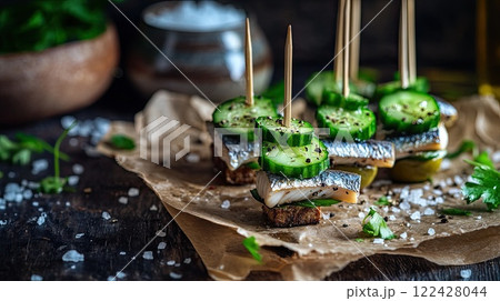 Delicious appetizers featuring smoked fish and fresh cucumber served on dark wooden board 122428044