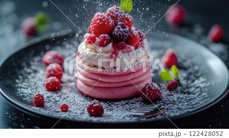 Delightful pink berry dessert garnished with whipped cream and mint leaves served on a dark plate 122428052