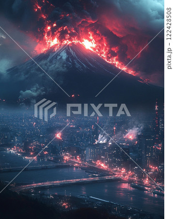 都市を襲う巨大火山の噴火|燃え盛る溶岩と暗黒の空が描く終末的な風景 都市を襲う巨大火山の噴火|燃え盛る溶岩と暗黒の空が描く終末的な風景 122428508