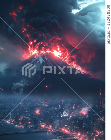 都市を襲う巨大火山の噴火|燃え盛る溶岩と暗黒の空が描く終末的な風景 都市を襲う巨大火山の噴火|燃え盛る溶岩と暗黒の空が描く終末的な風景 122428509
