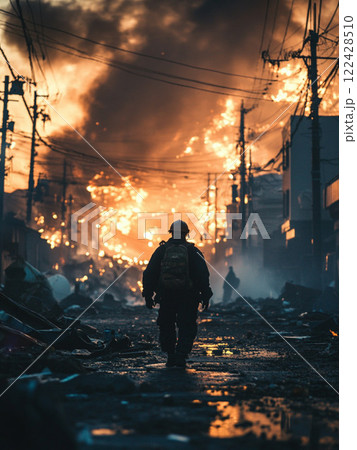 燃え盛る崩壊した都市を歩く兵士｜終末世界の混沌と絶望を描いたアポカリプス風景 122428510