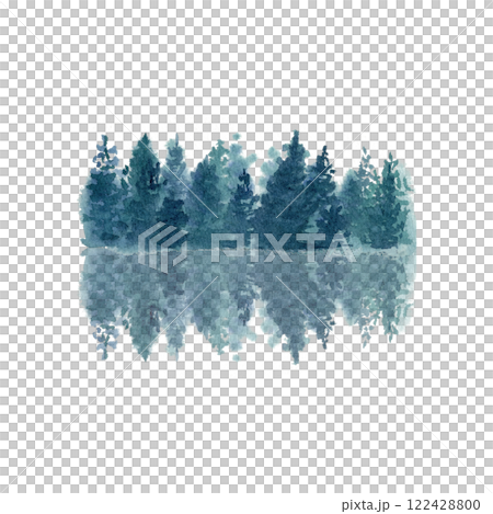 Conifer trees mirrored in the water isolated on white. Landscape design element. High quality clip art perfect for cards, banners, posters, advertisements and guides decor. Blue winter illustration 122428800