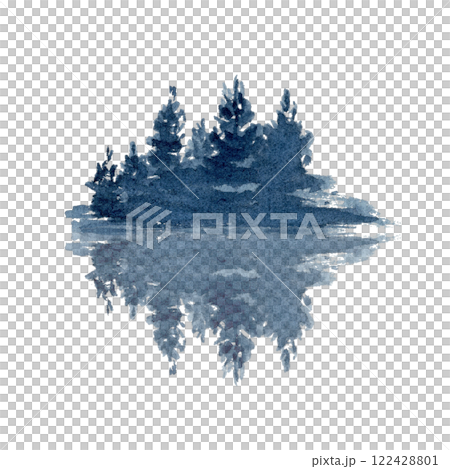 Spruce trees mirrored in the water isolated on white. Landscape design element. High quality clip art perfect for cards, banners, posters, advertisements and guides decor. Blue winter illustration Spruce trees mirrored in the water isolated on white. Landscape design element. High quality clip art perfect for cards, banners, posters, advertisements and guides decor. Blue winter illustration 122428801