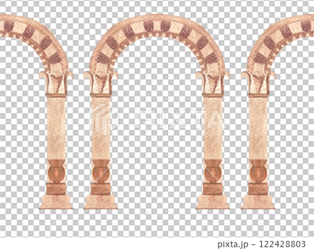 Greek ancient classic arch seamless border isolated on white. High quality architecture watercolor illustration for cards, posters, tape, decor and design. Decorative residence image in beige color Greek ancient classic arch seamless border isolated on white. High quality architecture watercolor illustration for cards, posters, tape, decor and design. Decorative residence image in beige color 122428803