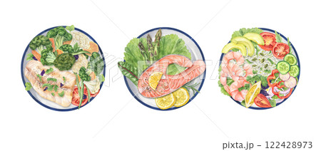 Steamed Fish steak, Shrimps and vegetable salad on round plates clip art watercolor illustration isolated background. Dishes with healthy food, balanced diet design. For recipes, menu, cookbook 122428973