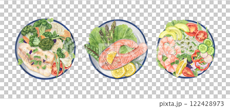 Steamed Fish steak, Shrimps and vegetable salad on round plates clip art watercolor illustration isolated background. Dishes with healthy food, balanced diet design. For recipes, menu, cookbook 122428973