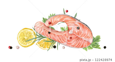 Steamed salmon steak with lemon slices and greenery watercolor food illustration isolated background. Healthy protein diet with trout fish and rosemary, parsley leaves, black peppers. Top view 122428974