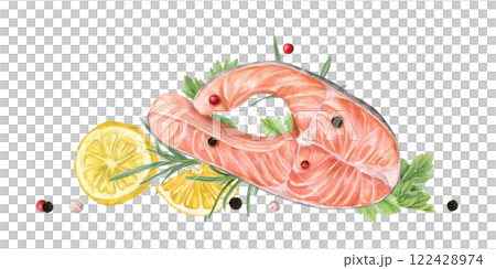 Steamed salmon steak with lemon slices and greenery watercolor food illustration isolated background. Healthy protein diet with trout fish and rosemary, parsley leaves, black peppers. Top view 122428974