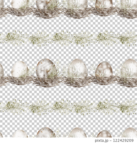 Easter egg watercolor seamless pattern. Hand drawn spring background for holiday textiles or wrapping paper. Design for Easter themed products and nursery wallpaper. Backdrop in neutral tones. 122429209