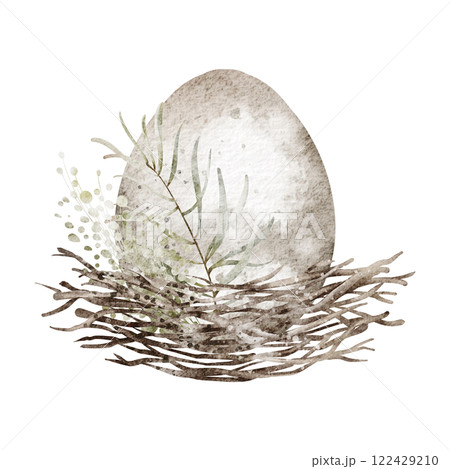 Watercolor illustration of an Easter egg lying in a wicker nest. Hand drawn design with vintage pastel tones for religion card and invitation. Perfect for springtime holiday celebration templates. 122429210