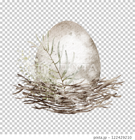 Watercolor illustration of an Easter egg lying in a wicker nest. Hand drawn design with vintage pastel tones for religion card and invitation. Perfect for springtime holiday celebration templates. 122429210