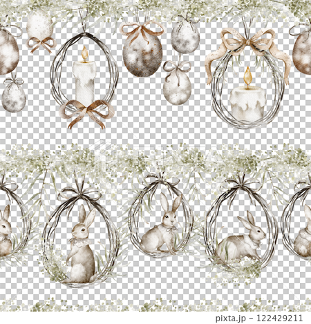 Easter bunny watercolor seamless pattern with hanging decoration eggs and candles. Hand drawn spring background for holiday textiles or wrapping paper. Design for Easter products and wallpaper. Easter bunny watercolor seamless pattern with hanging decoration eggs and candles. Hand drawn spring background for holiday textiles or wrapping paper. Design for Easter products and wallpaper. 122429211