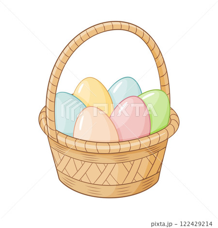 Basket with easter eggs doodle style. Happy easter Hand drawn flat style isolated icon Basket with easter eggs doodle style. Happy easter Hand drawn flat style isolated icon 122429214
