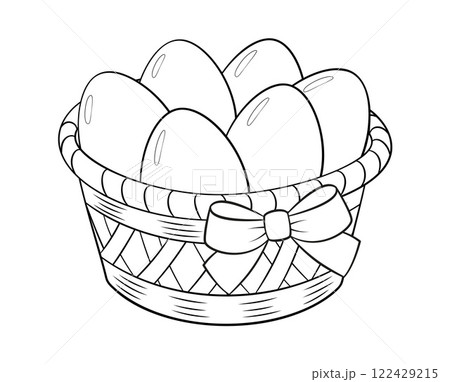 A festive basket with a bow full of Easter eggs doodle style. Hand drawn coloring page A festive basket with a bow full of Easter eggs doodle style. Hand drawn coloring page 122429215