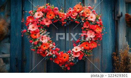 Vibrant floral heart wreath hanging on rustic blue wooden wall 122429301