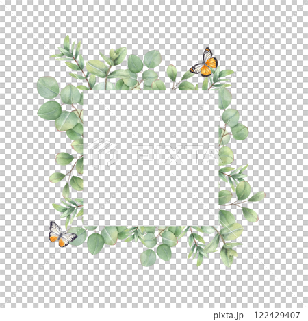 Eucalyptus branches and flying orange butterflies frame isolated background. Green leaves, delicate insect square border with empty space for text. Spring illustration for beauty product design 122429407