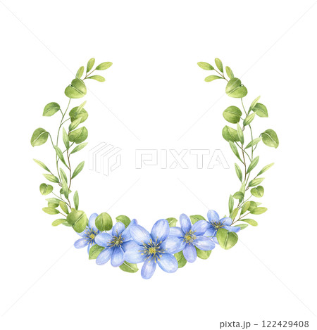 Watercolor blue blooming primroses with green leaves frame isolated background. Forest spring lilac liverwort, hepatica flowers bouquet in realistic style. Empty space for text. For Valentine day. 122429408