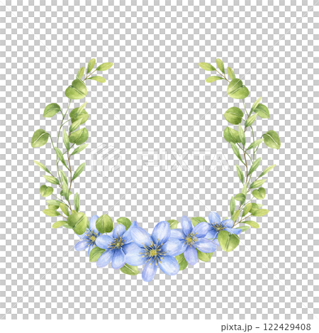 Watercolor blue blooming primroses with green leaves frame isolated background. Forest spring lilac liverwort, hepatica flowers bouquet in realistic style. Empty space for text. For Valentine day. 122429408