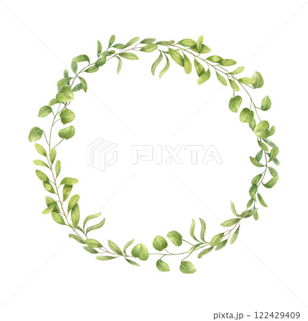 Watercolor bright young spring greenery wreath isolated background. Round frame with green leaves. Floral illustration for textile, cosmetic product design, greeting card, Empty space for text 122429409