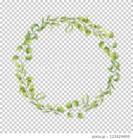 Watercolor bright young spring greenery wreath isolated background. Round frame with green leaves. Floral illustration for textile, cosmetic product design, greeting card, Empty space for text 122429409