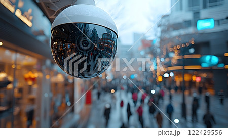Smart CCTV system identifying individuals in a crowded shopping mall, efficient facial recognition 122429556